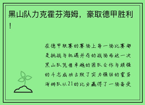 黑山队力克霍芬海姆，豪取德甲胜利！